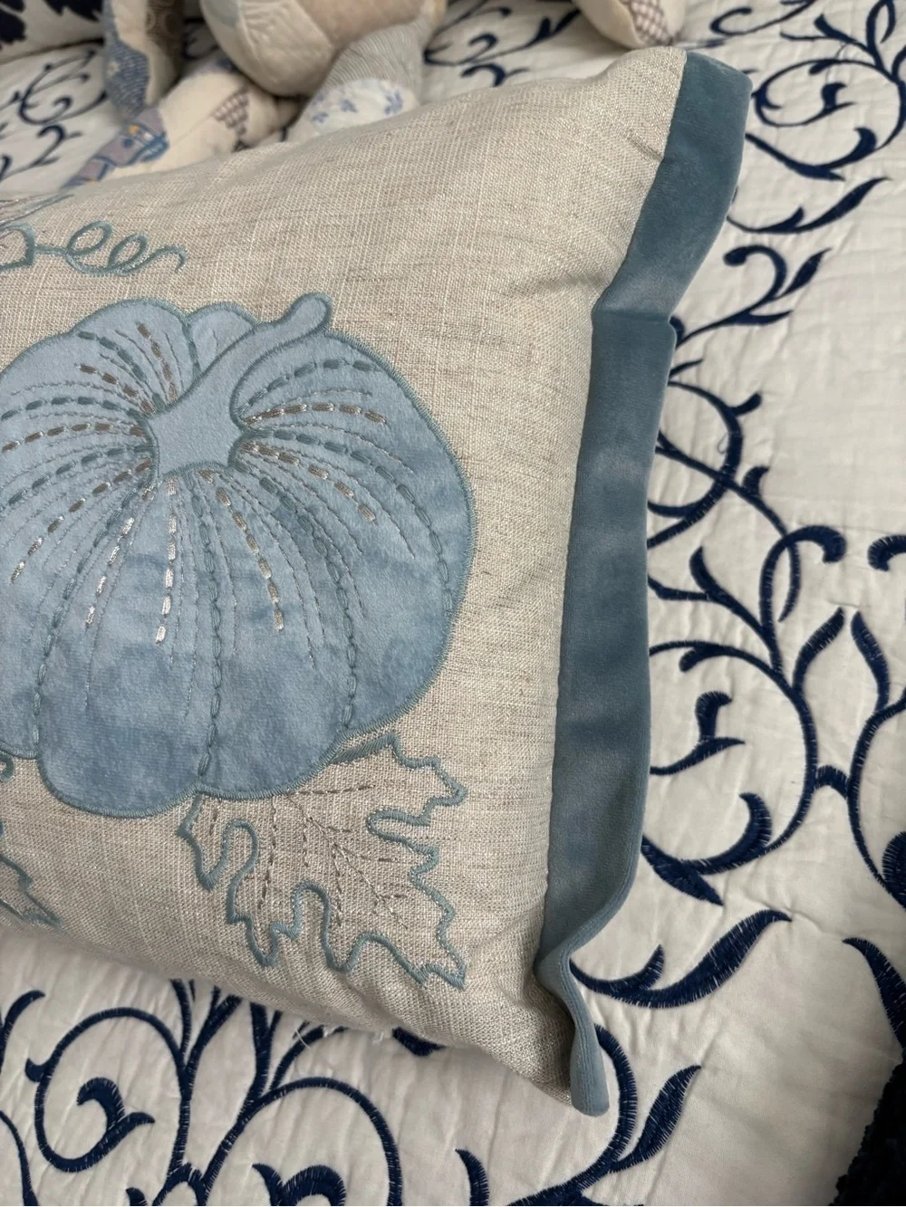 Splendid Blue and Cream Pumpkin Embroidered Holiday Pillow